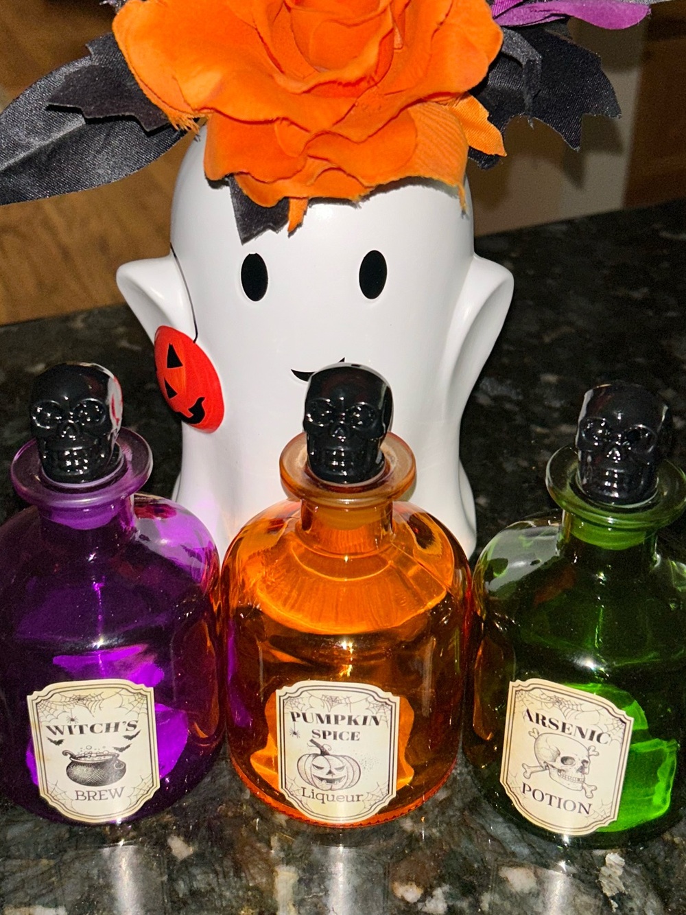 Halloween Glass Potion Bottles with Black Skull Stoppers